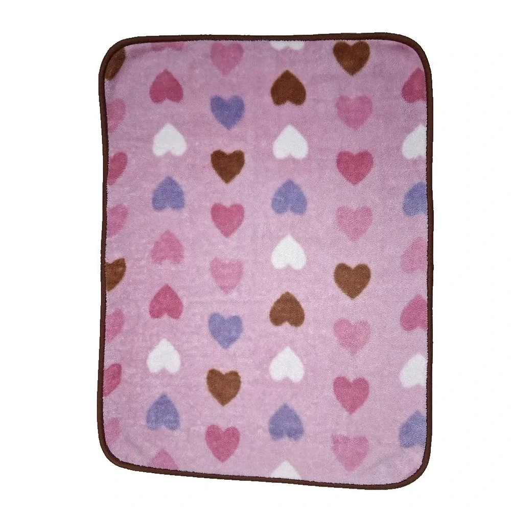 Pink Fleece Heart Baby Blanket Brown Trim Purple White Thick Security Lovey‎ Htf